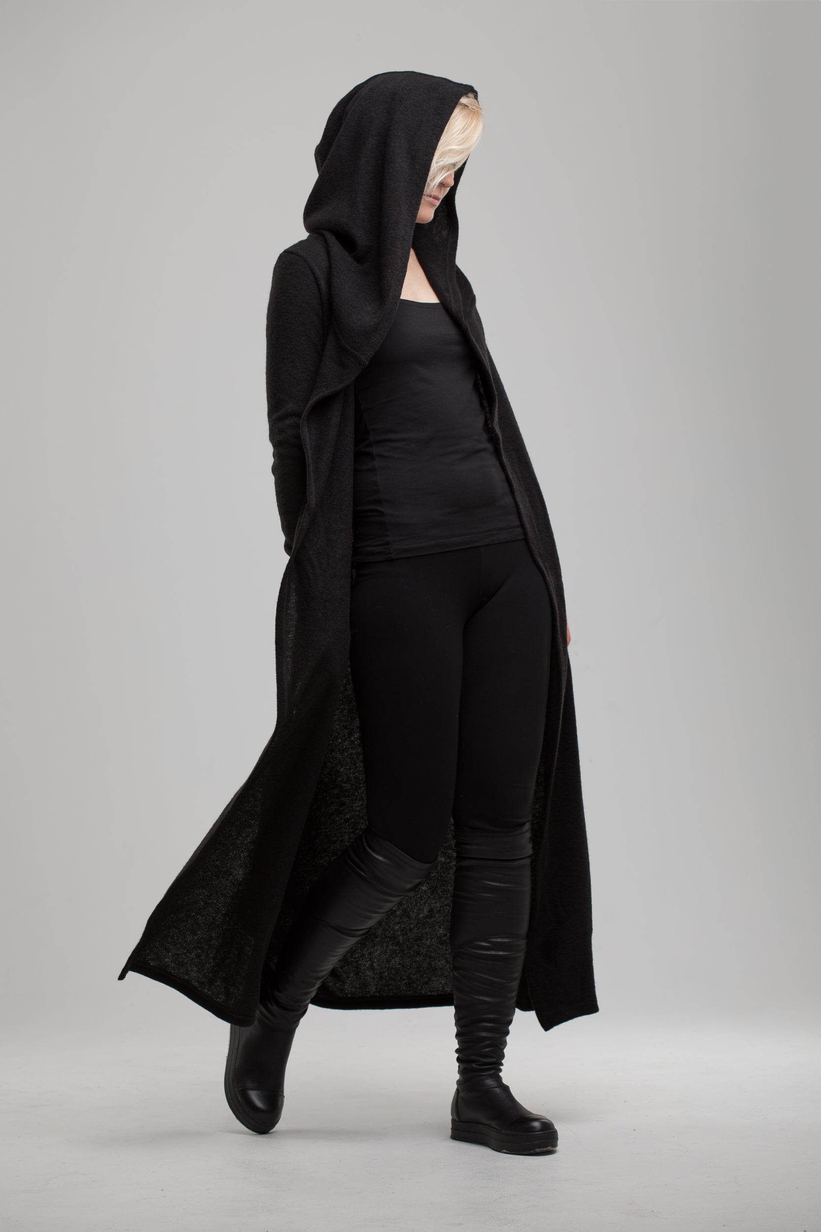 Long Black Cardigan with Hood